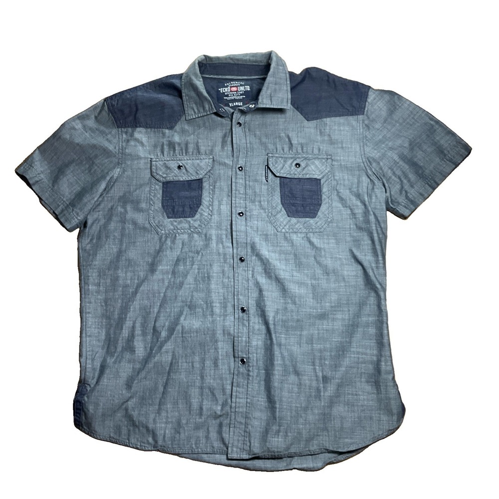 Ecko Unltd Shirt Short Sleeve Mens XLarge Button Gray Navy Two-Tone Chambray